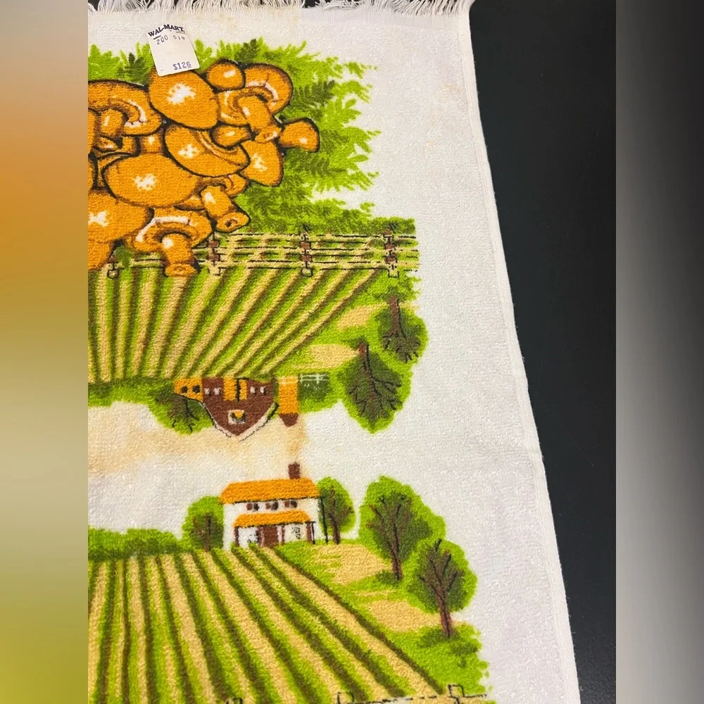 NOS Vintage 70s Mid Century Modern‎ Mushroom Plantation Farm Kitchen Towel As Is
